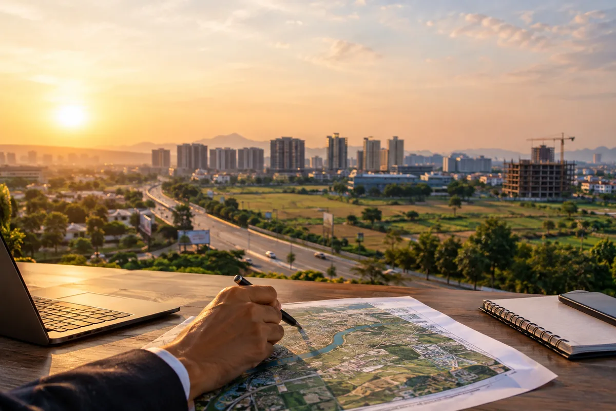 Advisor marking a land map with a growing city and highway at sunset