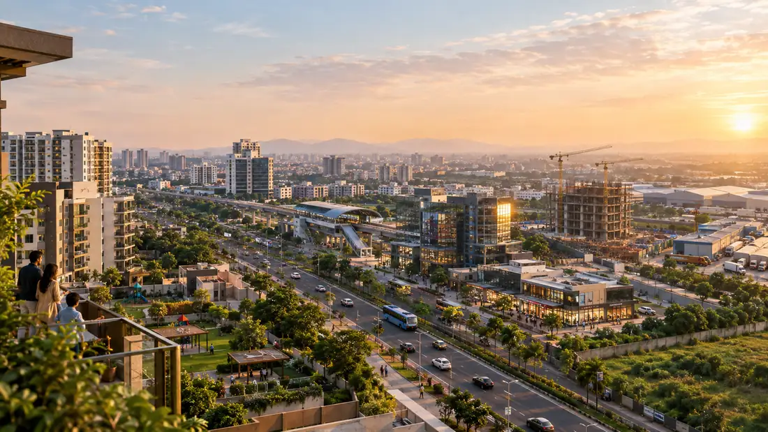 A growing smaller city with new apartments, a metro line, offices and warehouses at sunset